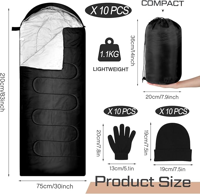 Tranqun 30 Pcs Cotton Liner Camping Sleeping Bags for Adult with Winter Beanies Gloves Sleeping Bag Waterproof Warm Lightweight for Backpacking Camping Indoor Outdoor Homeless