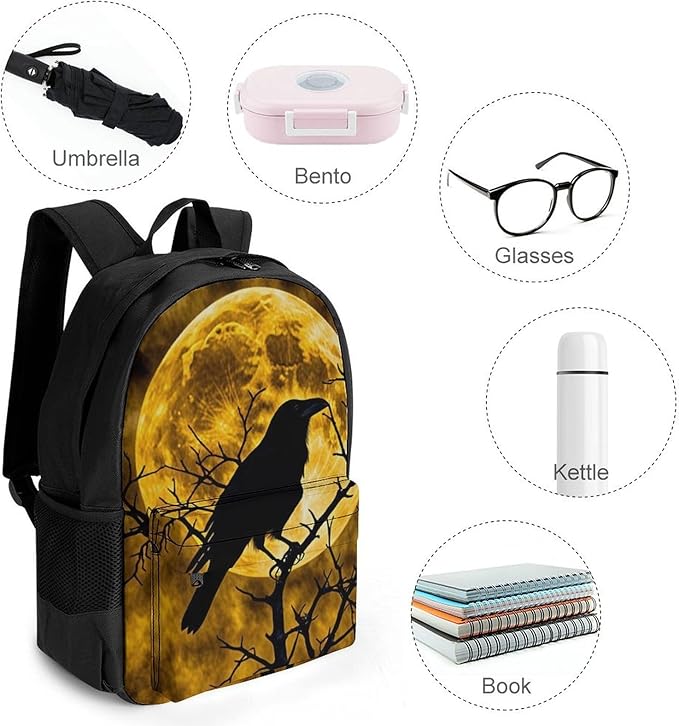 Men Women Polyester Halloween Raven Moonlight Moon Night Daypack Backpack Large Capacity Carry On Bag With Smooth Zippers for Hiking Picnic Walking Cycling