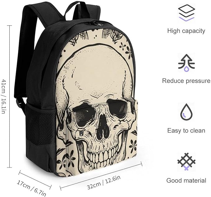 Backpack Multipurpose Anti-Theft Large Capacity Bookbag, Halloween Raven Goth Skulls Art Travel Hiking Daypack With Side Pockets