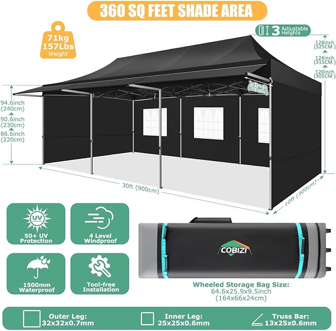 COBIZI 10x30 Pop Up Canopy Tent with Awning,Heavy Duty Canopy UPF 50+ All Season Wind Waterproof Commercial Outdoor Street Vendors Party Tents for Parties Gazebo with Roller Bag(10 x 30 ft Black)