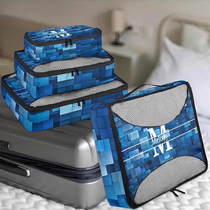 Custom Name 4 Pcs set travel luggage organizer Mesh Travel Essentials for Suitcases, Blue Geometric Pattern with Initial Letter