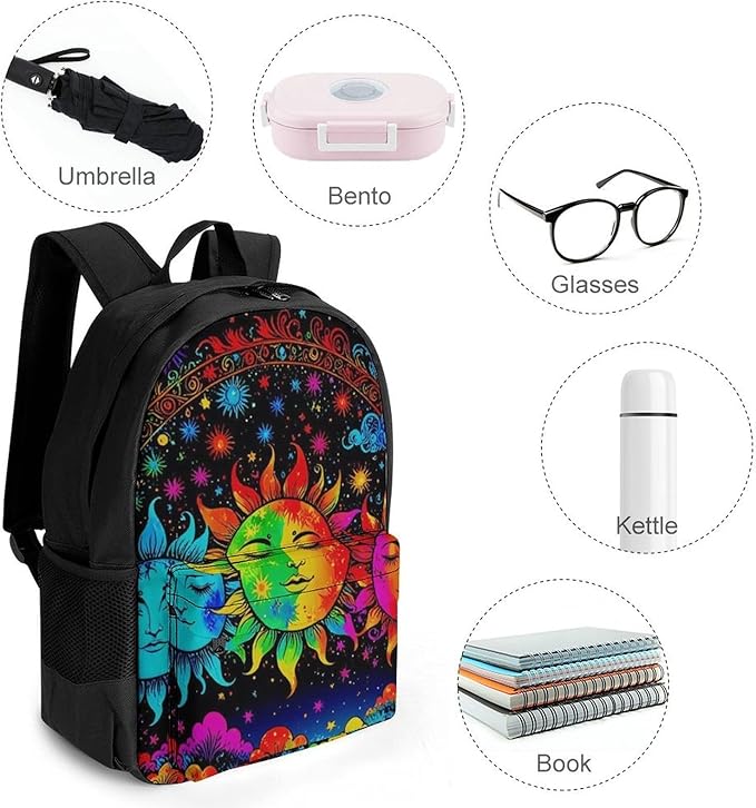 Supdreamc Men Women Polyester Mandala Triple Sun Hippie Trippy Psychedelic Boho Art Daypack Bookbag Big Capacity Shoulder Bag With Padded Straps for Climbing Travel Walking Cycling
