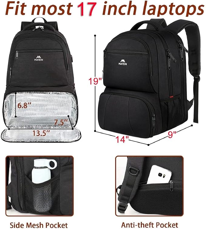 MATEIN Lunch Backpack for Men, 17 Inch Insulated Cooler Backpack with Lunch Compartment, Water Resistant Laptop Back Pack Computer Meal Prep Backpacks Mens Gifts Work Picnic College Travel