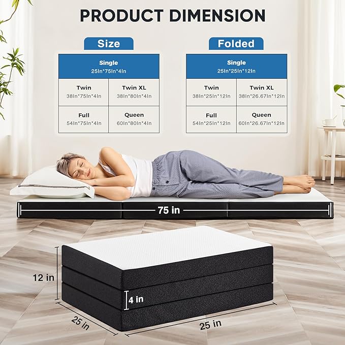 Folding Memory Foam Mattress, 4" Tri-Fold Single Mattress Topper with Washable Cover, Non-Slip Portable Guest Floor Bed for Travel Camping