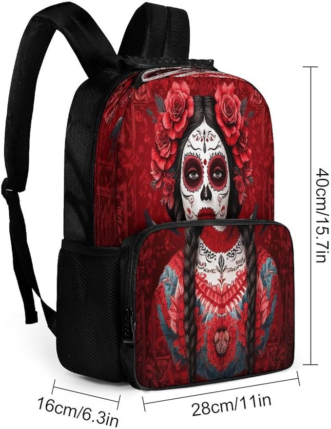 Polyester Daypack for Hiking Work Running, Big Capacity Anti-Theft Multipurpose Shoulder Bag, Mexican Red Rose Sugar Skull Floral Women Day Of The Dead Art Travel and Sport Backpack Rucksack