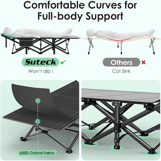 Suteck Camping Cot, Folding Camping Cot Bed for Adults Sleeping 1200D Double Layer Oxford Portable Folding Outdoor Cots for Camping W/Soft Pad Carry Bag for Home Office Nap Beach Travel