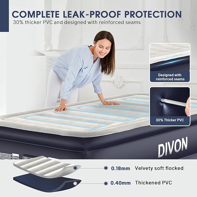 Twin Air Mattress with Built-in Pump,18''Raised Blow Up Mattress 2 Mins Self Inflation/Deflation,Upgraded Thicker Inflatable Mattress，Flocked Top Air Bed with Storage Bag for Guests,Home，Camping