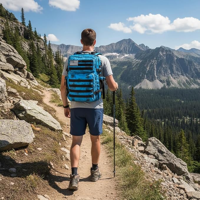 Military Tactical Backpack 45L Bug Out Bag Assault Pack Molle Daypack Hiking Gym Rucksack with Bottle Holder(Blue tie dye)