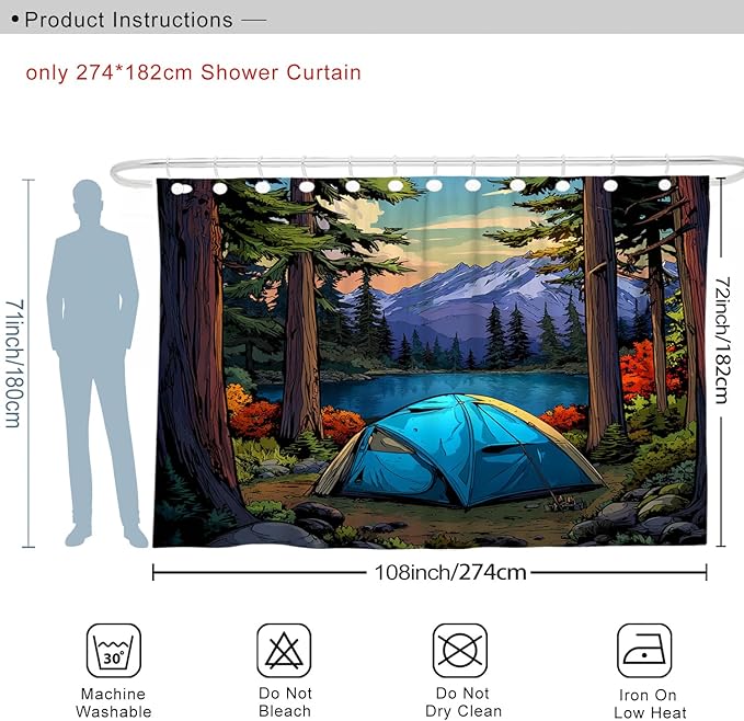 Mountain Lake Shower Curtain, Vibrant Blue Camping Tent Nature Scene Bathroom Decor, Outdoor Spring Summer Wilderness Art Waterproof Fabric Curtain with Hooks 108x72 Inch