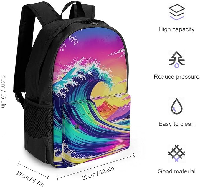 Supdreamc Polyester Daypack for Hiking Work Running, Big Capacity Anti-Theft Multipurpose Shoulder Bag, Colorful Raging Great Waves Travel and Sport Backpack Rucksack