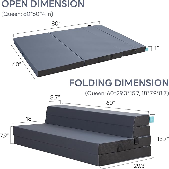 LIKIMIO Folding Mattress Queen, High Density Foam Mattress with Breathable and Washable Cover & Storage Bag, 4 Inch Foldable Mat Topper for Camping, RV and Yoga, Handle Design, Blue