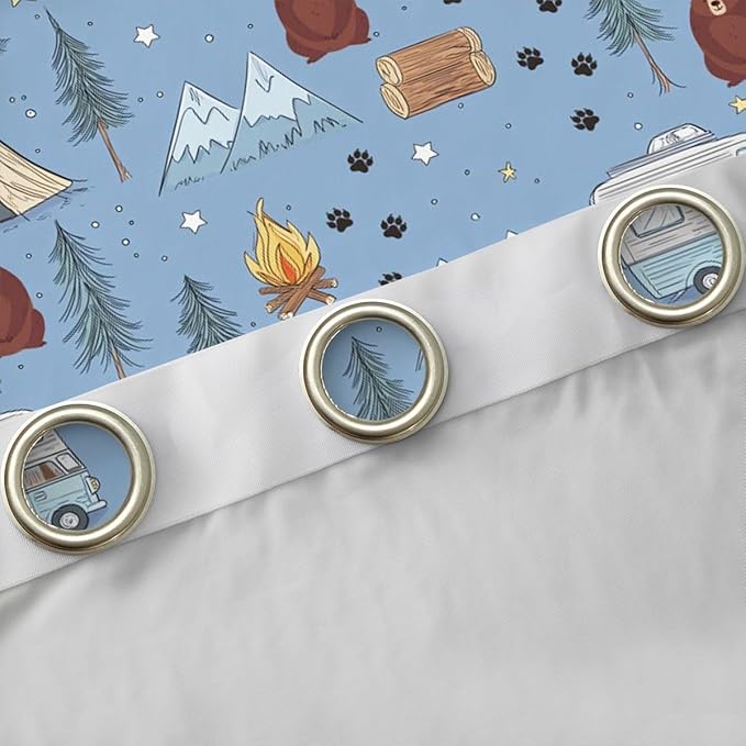 Cartoon Tents Camp Camper Window Curtain | Camping Picnic Blackout Curtain for Boys Bedroom Decor,Woodland Bear Curtains Snow Mountain Living Room Top 2 Panels,42Wx63L