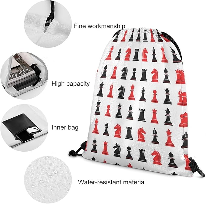 Large Capacity Beam Backpack Drawstring Sack for Basketball Sports Gear Travel Storage Men Women Unisex, Chess Pattern Bags