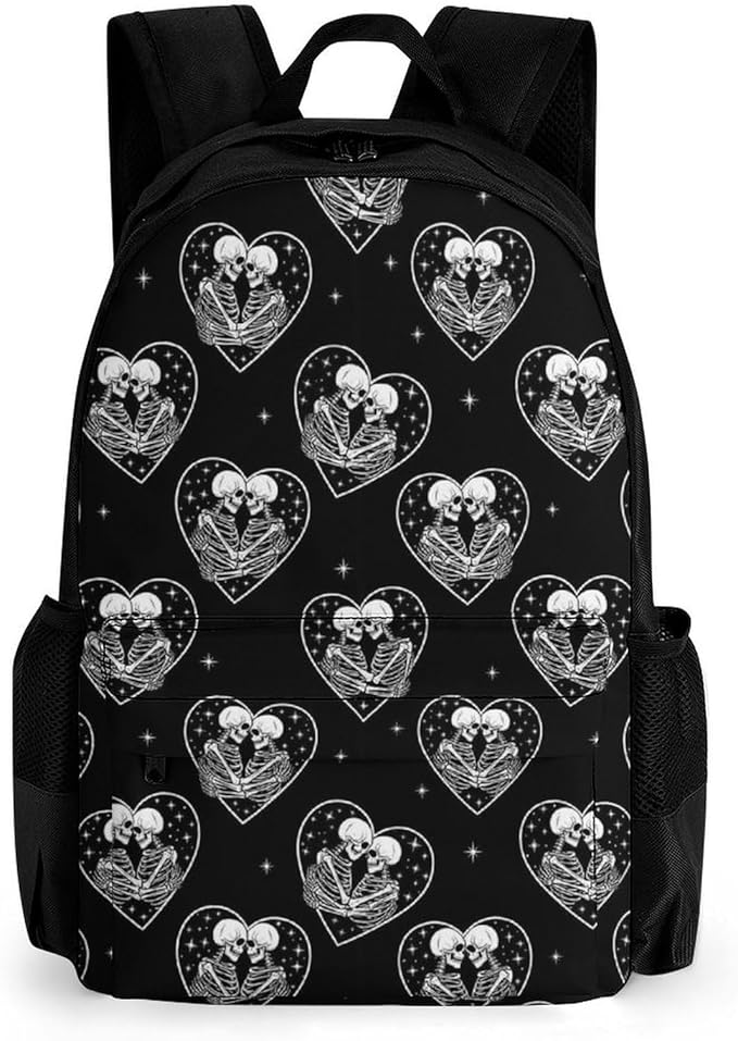 Supdreamc Men Women Lightweight Black White Love Kiss Skull Skeleton Casual Daypack Big Capacity Bookbag With Padded Straps for Gym Travel Walking Cycling