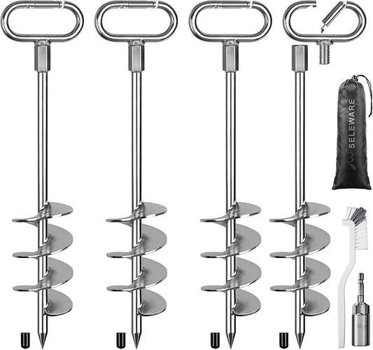 SELEWARE 17" Ground Anchors Screw in, 4 Pack Swing Set Ground Anchor Kit, High Wind Trampoline Stakes, Heavy Duty Wider Spiral Earth Anchor for Mobile Home, Tree, Tent, Shed, Carport, Securing Animals