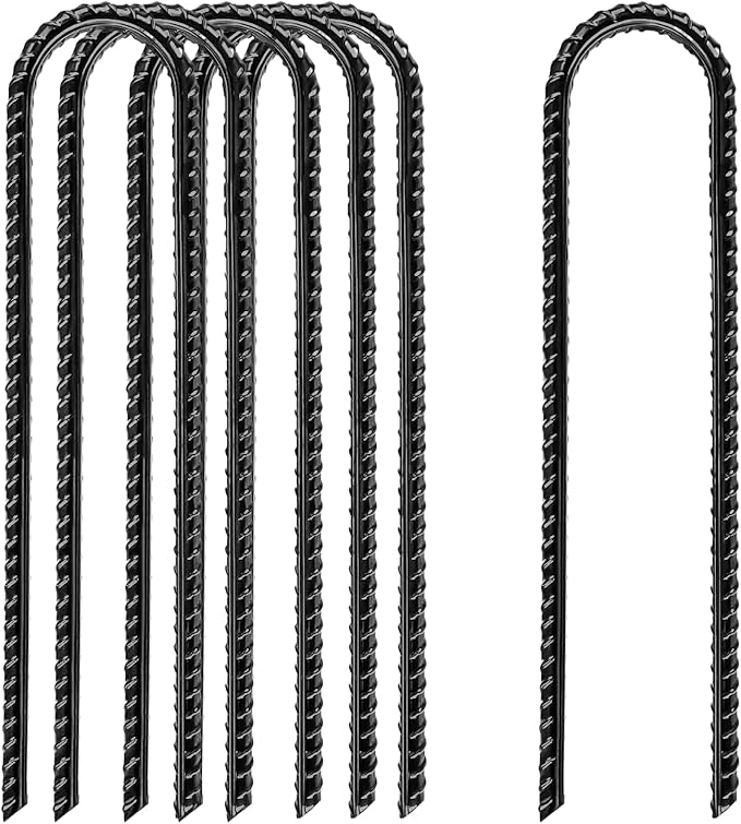 12 Inch Rebar Stakes Heavy Duty, 6 Pack Garden Stake U-Hook, Electrostatic Rust Proof Metal Stakes for Tent, Landscape,Outdoor Decorations, Fabric Ground Cover, Tube Fixing (Black, U-12in-6pc)