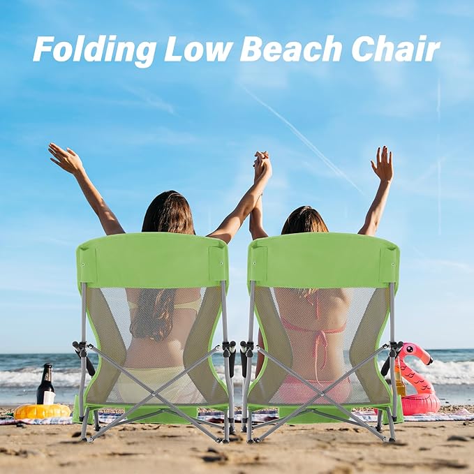 Homcosan Portable Low Folding Beach Chairs Set of 2 - Lightweight Camping Chairs for Adults with Cup Holder & Storage Pockets, Carry Bag Included (Green & Yellow)