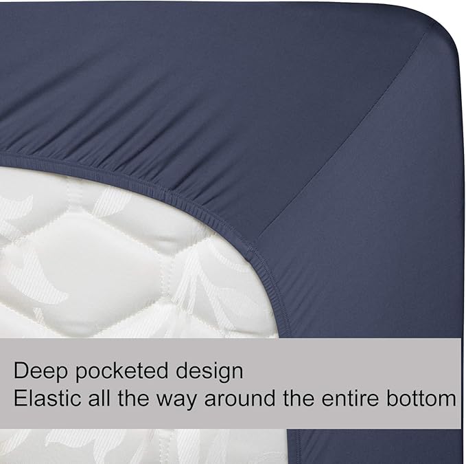Twin Size Fitted Sheet Only - 4-Way Stretch Knit, Snug Fit, Wrinkle Free & Stay in Place, No More Slipping Off for Mattress, Soft & Comfortable - Navy Blue, Twin