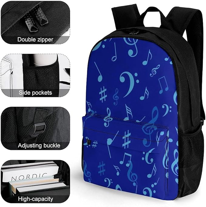 Rucksacks Lightweight Multipurpose Anti-Theft Blue Musical Notes Shoulder Bag Large Capacity Business Computer Bag With Smooth Zippers