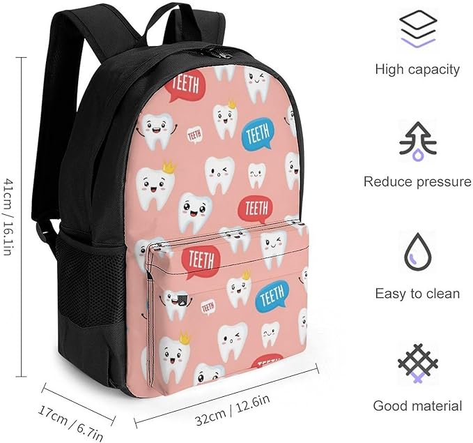 Men Women Lightweight Kawaii Dentist Teeth Pink Art Backpack Large Capacity Carry On Bag With Padded Straps for Sports Work Walking Cycling