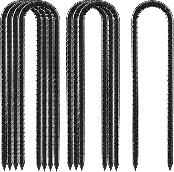12inch Rebar Stakes, 8 Pack U Hook Ground Anchors, Heavy Duty Rust Proof Coated Steel Ground Stakes Ground Anchors, Garden Stake Metal Stake Tent Stake Trampoline Anchors Trampoline (Black)