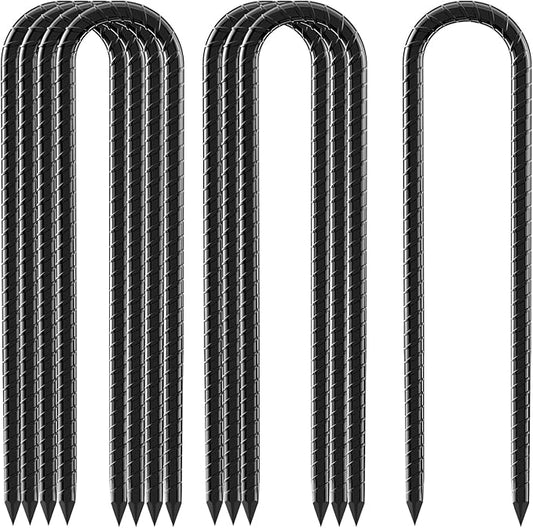 12inch Rebar Stakes, 8 Pack U Hook Ground Anchors, Heavy Duty Rust Proof Coated Steel Ground Stakes Ground Anchors, Garden Stake Metal Stake Tent Stake Trampoline Anchors Trampoline (Black)