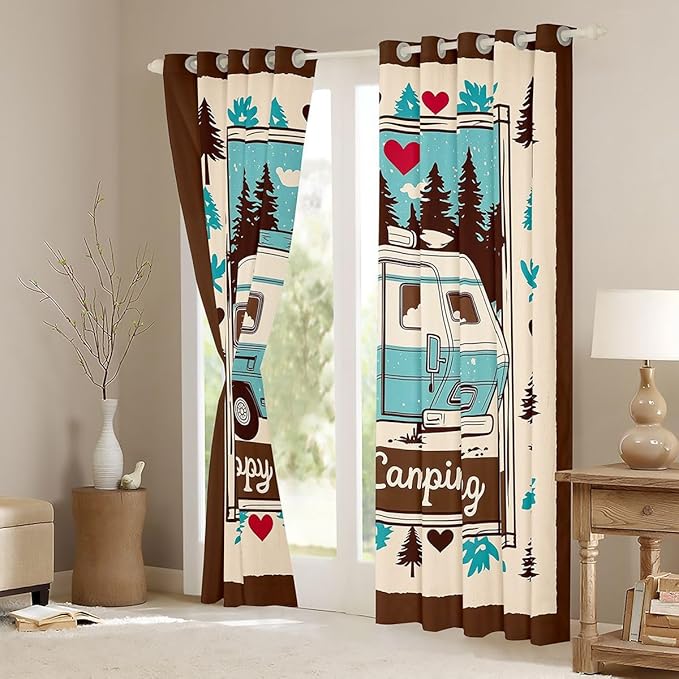 Erosebridal Camper Adventure Kids Window Drapes Happy Camping Rustic Cabin Blackout Curtains 42" Wx63 L Rv Pine Tree Nature Curtains for Bedroom Living Room,Brown Country Window Treatments 2 Panels
