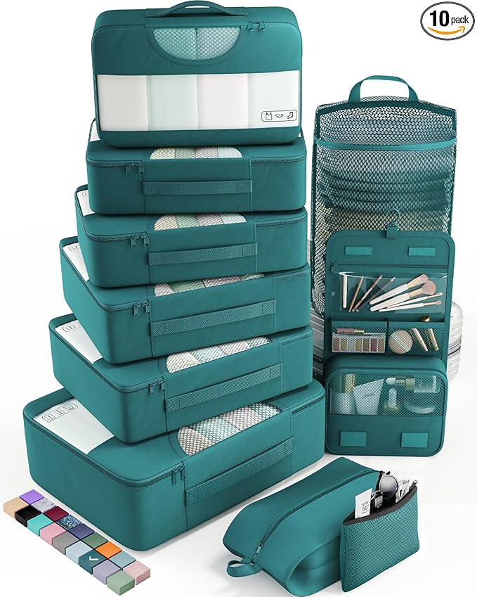 Veken 10 Set Packing Cubes for Travel Essential, Suitcase Organizer Bags in 4 Sizes, Carry-On Luggage Accessories with Large Laundry & Hanging Toiletry Bag, Must-Have for Airplane, Road Trip & Camping