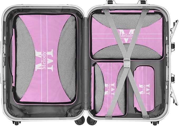 Personalized Name 4 Set Packing Cubes Pink Luggage Packing Organizers Travel Accessories for Women Girls with Initial Letter