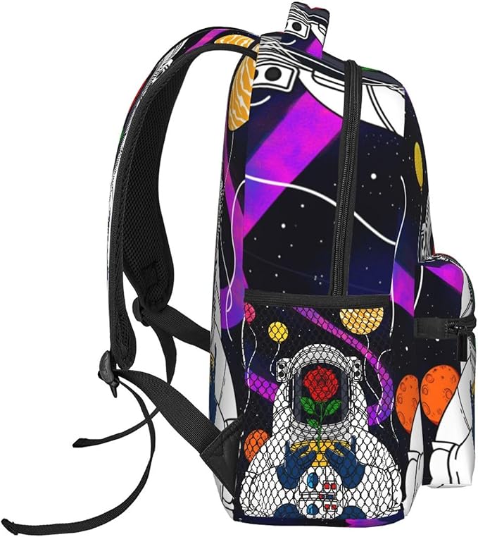 Daypack Bookbag Multipurpose Anti-Theft Big Capacity Carry On Bag,Astronaut Starry Sky Roses Colorful Planet Art Travel Hiking Camping Rucksack With Padded Straps