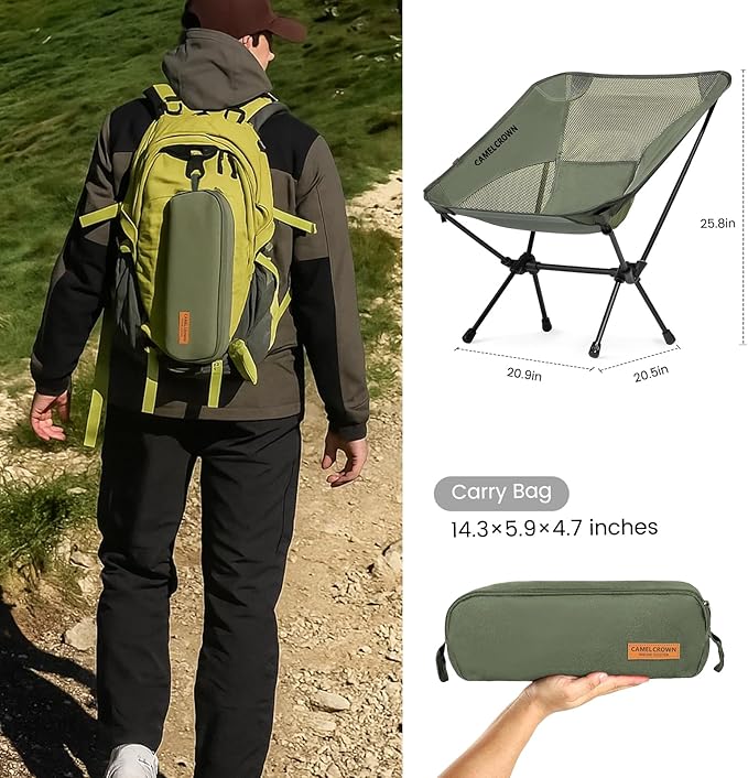 CAMEL CROWN Portable Camping Chair Lightweight Compact Folding Chair Mesh for Outdoor Camp Travel Beach Picnic Festival Hiking Backpacking Army Green