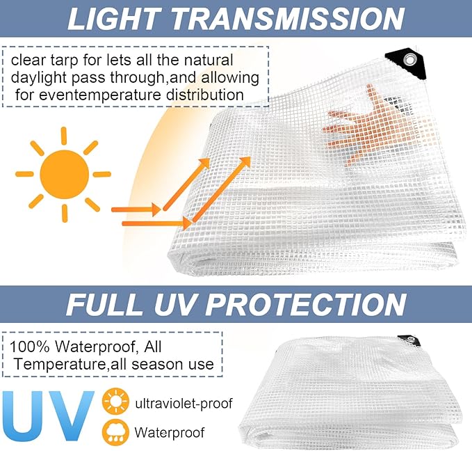 STARPYNG-10 Mil Clear/White 16X20 Feet Tarp-Heavy Duty Clear Mesh Tarp-Waterproof Tarp, UV Resistance,Greenhouse, Canopy, Tent, Yard and Outdoor Activities
