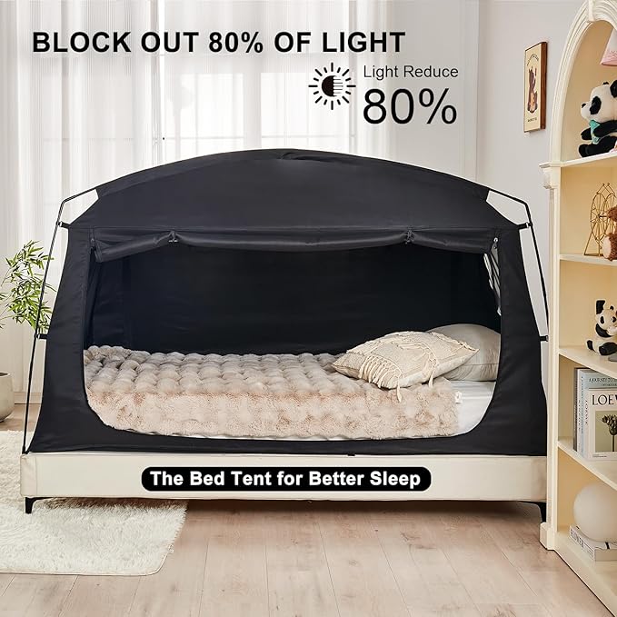 Privacy Sleep Indoor Bed Tent for Adults Kids, Portable Blackout 90% Canopy Tents with 3 Doors Breathable Mesh Windows
