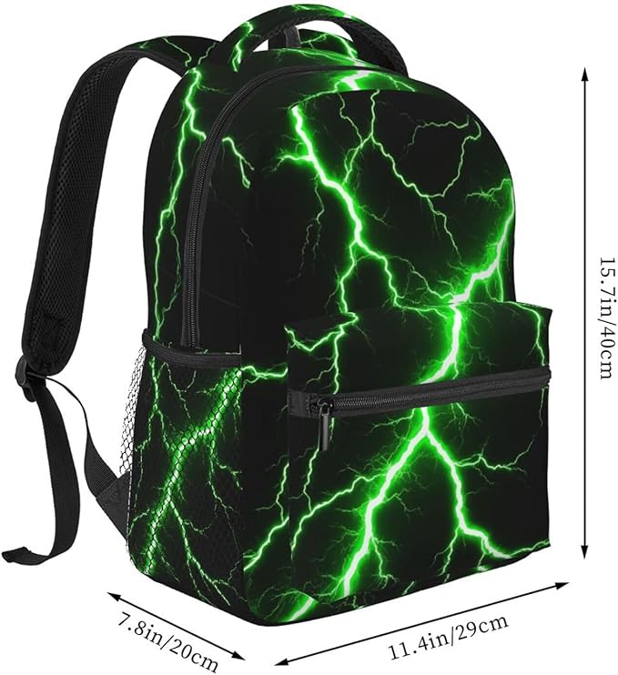 Men Women Polyester Green Lightning Art Casual Daypack Large Capacity Carry On Bag With Adjustable Shoulder Straps for Camping Work Running