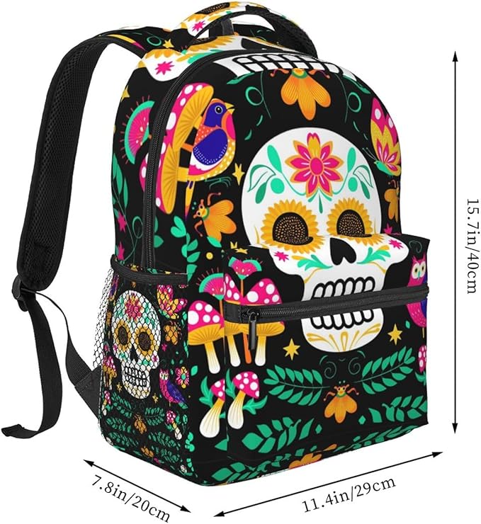 Shoulder Book Bags Polyester Multipurpose Anti-Theft Colorful Floral Sugar Skull Bird Art Carry On Bag Large Capacity Travel Hiking Camping Rucksack