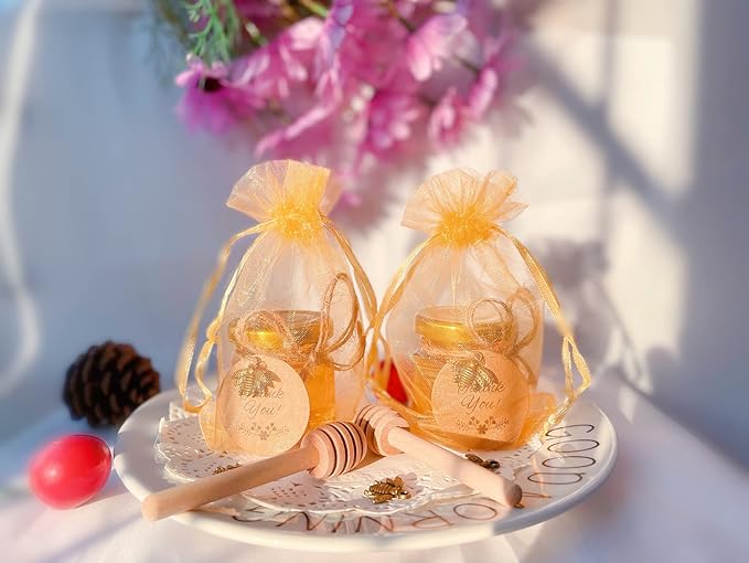IIKUM 20 Pack Glass Honey Jars, 1.5 oz Hexagon Honey Pots with Lids, Wooden Dippers, Bee Pendants, Gift Bags, Thank You Cards, Jutes and Stickers-Ideal Gift for Baby Shower, Wedding and Party Favors