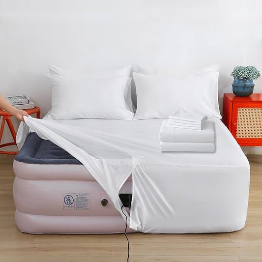 Air Mattress Sheet Set Full Size,6 Piece Deep Pocket Bed Sheet Set for 16-24 Inch Air Bed,Easy Inflate Access,Perfect for Guest Room, RV, Camping,White