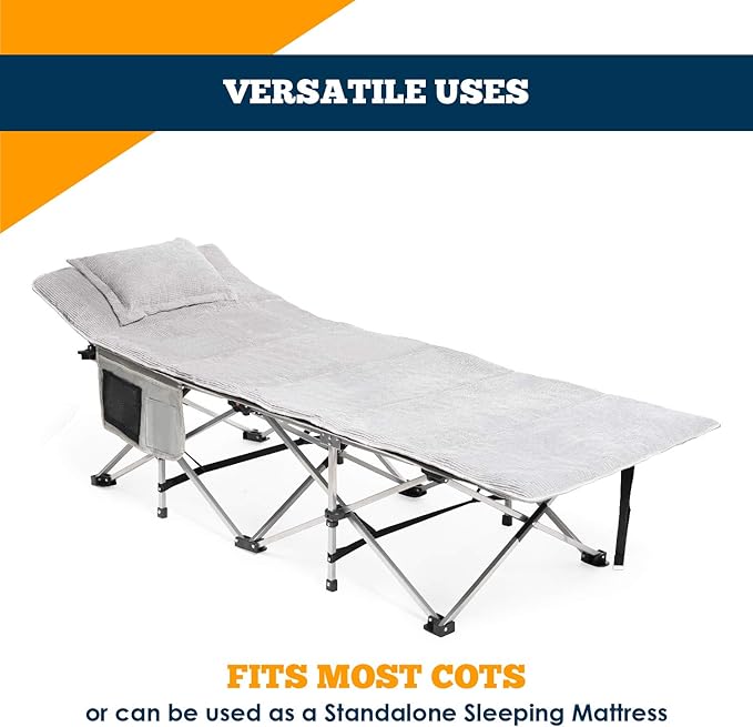 Alpcour Mattress Pad for Camping Cot – Ultra Plush Corduroy Cot Topper w/ Matching Pillow & Storage Carry Case – Easy Clean, Foldable, Compact Design for Outdoor Travel, Hiking & Backpacking – 75x28”