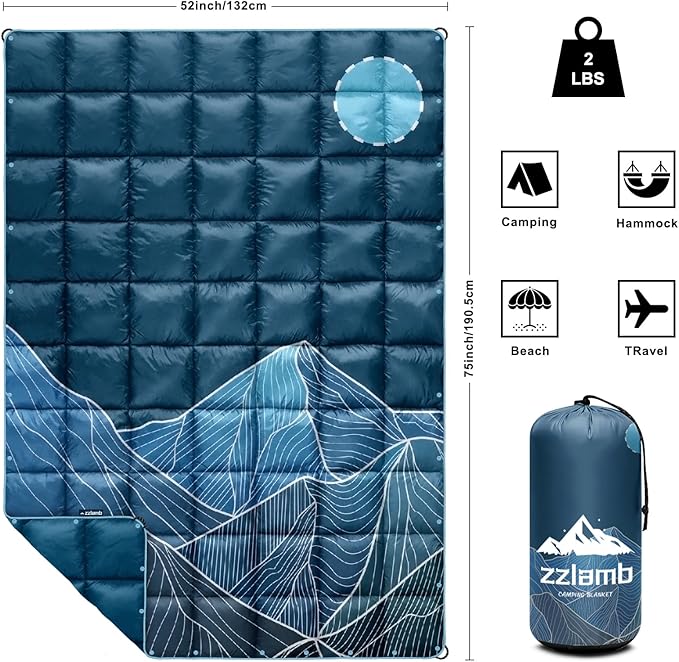 zzlamb Camping Blanket, Outdoor Lightweight Travel Blanket Puffy Portable Down Alternative, Windproof Warm Cloak with Snaps, Cozy Quilt Backpacking Picnic RV Plane Car Hammock Beach Climbing