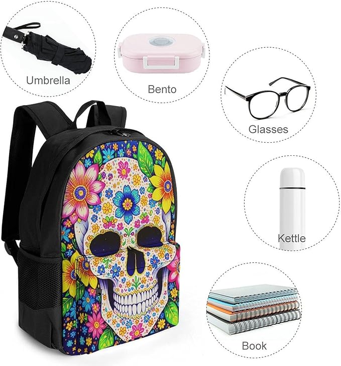 Supdreamc Men Women Polyester Sugar Skull Colorful Day Of The Dead Art Daypack Backpack Large Capacity Carry On Bag With Smooth Zippers for Hiking Picnic Walking Cycling