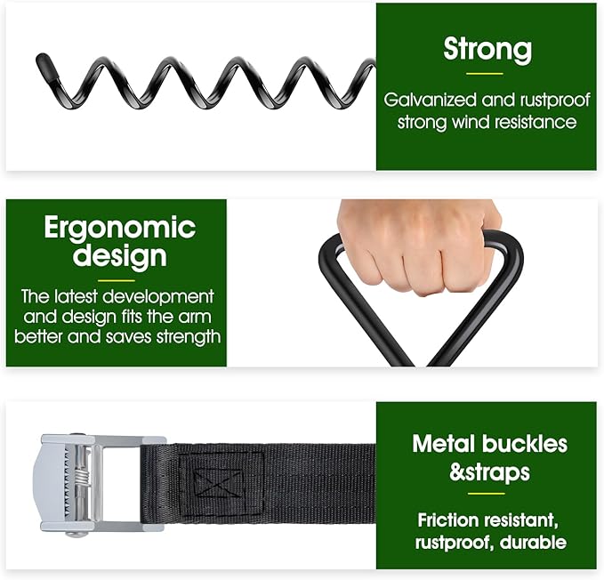 Earth Anchors Trampoline Heavy Duty Stakes Kit - Spiral Screw In Ground Anchors with Straps for Swing Set