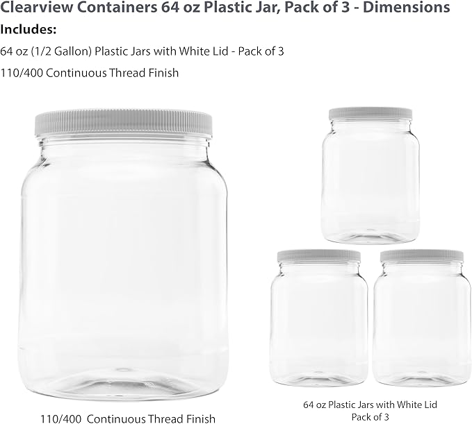 Plastic Storage Jars with Leak Proof Lids, BPA Free, Hand Wash Only (64oz, 3PK White)