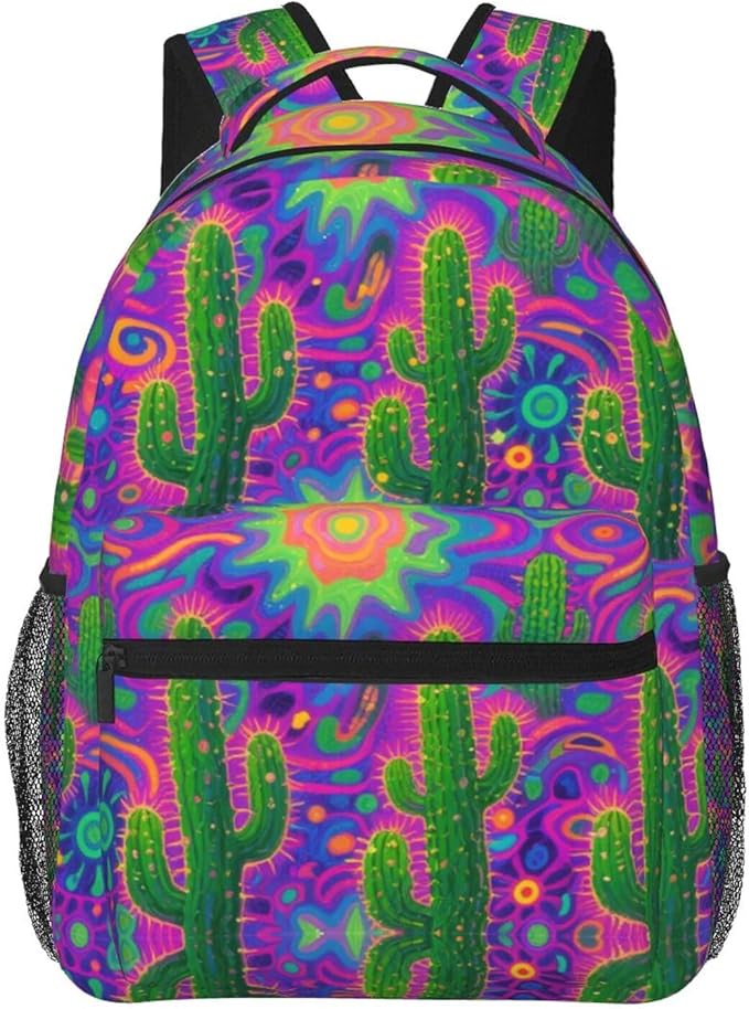 Men Women Polyester Psychedelic Cactus Art Casual Daypack Large Capacity Carry On Bag With Adjustable Shoulder Straps for Camping Work Running