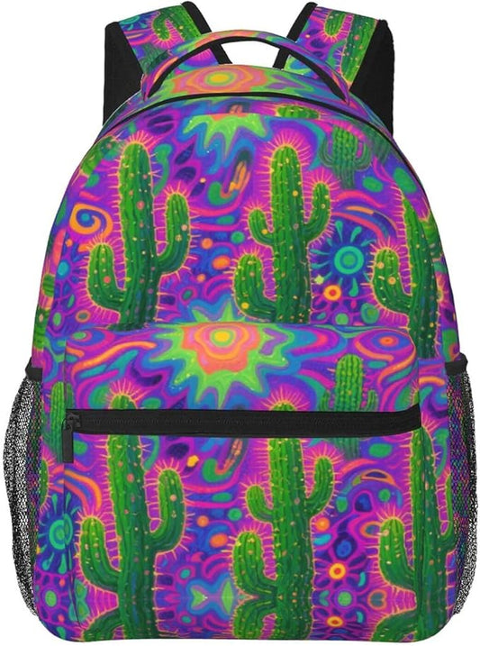 Men Women Polyester Psychedelic Cactus Art Casual Daypack Large Capacity Carry On Bag With Adjustable Shoulder Straps for Camping Work Running