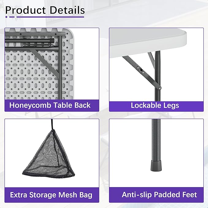 VECELO Folding Card Table Square and Chairs Set, Collapsible Legs & Portable for Indoor/Outdoor, Picnic, 5 Piece, White