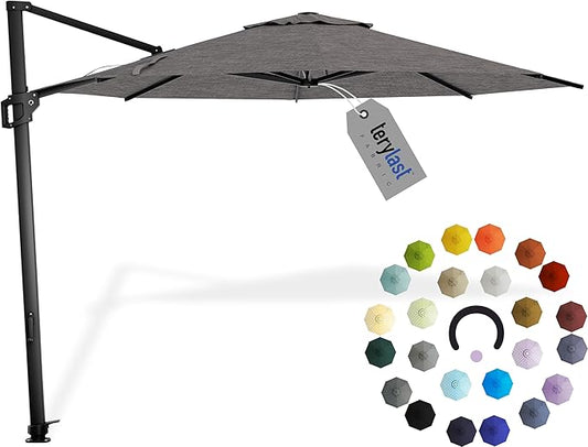 Midtown Umbrellas 10 Ft Outdoor Cantilever Patio Umbrella w/Terylast Greige Fabric - Rotate Tilt 360° Offset Patio Umbrella, Deck Patio Umbrella, Backyard Umbrella & Garden Umbrella - Black Frame