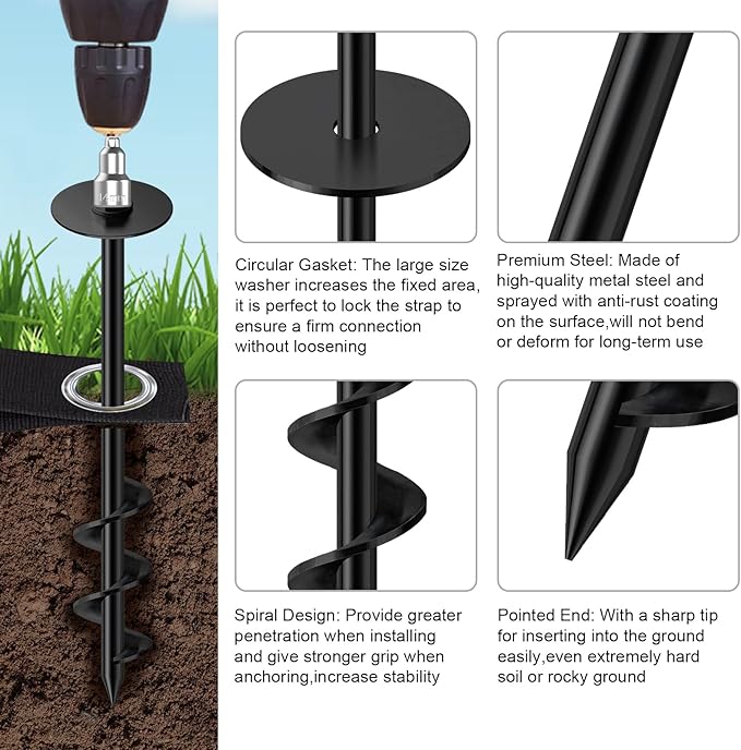 Eurmax USA Ground Anchors Screw in Trampoline Anchors High Wind Tent Stakes Heavy Duty Ground Stakes Trampoline Stakes Anchor Kit Set of 4 Bonus 4 Strong Belt (Black)