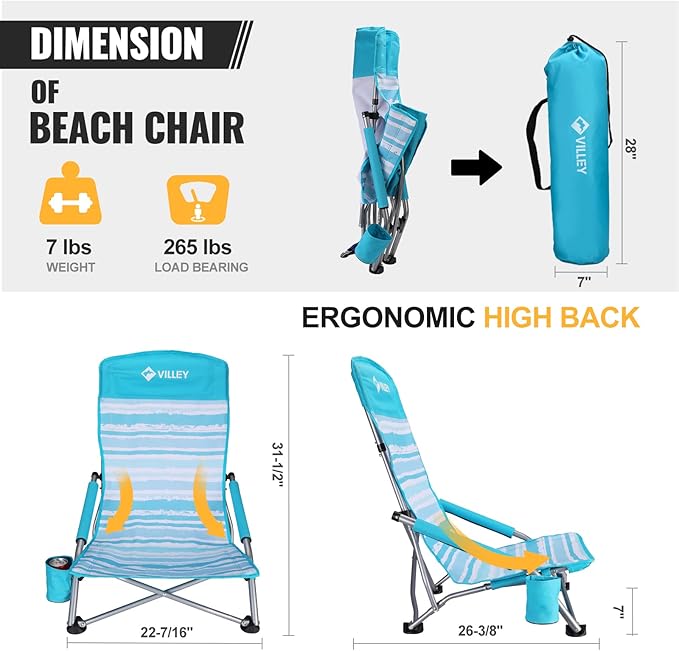 VILLEY Low Beach Chairs for Adults 2 Pack, High Back Folding Beach Chairs, Lightweight and Portable for Outdoor, Beach, Camping, Lawn, Music Festival, with Cup Holder and Carry Bag-Blue Stripes