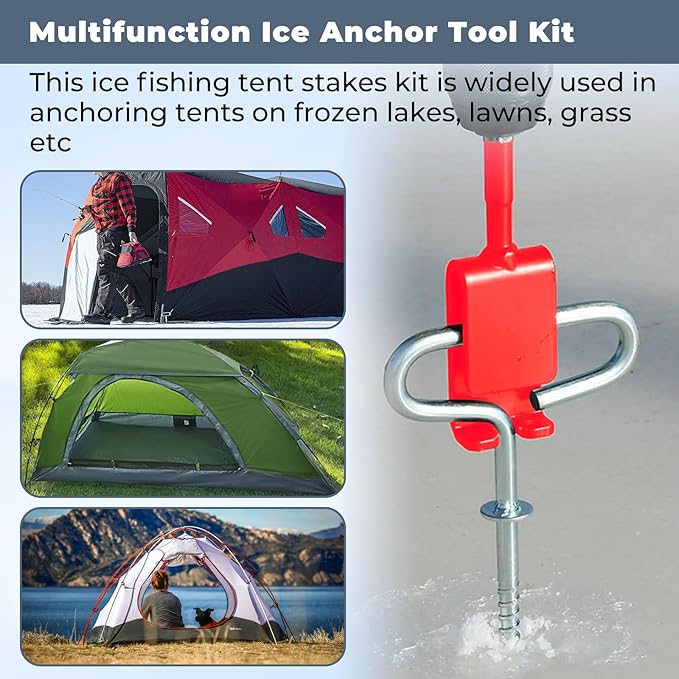 Ice Anchor Tool Kit with Drill Adapter,Ice Fishing Tent Stakes for Setting Up an Outdoor Ice Fishing Camping Tent Shanty,Ice Fishing Shelter Accessories with Protective Bag