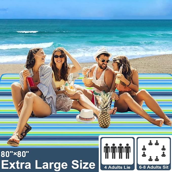 Extra Large 80"x 80" Beach Blanket, Outdoor Picnic Blankets, Waterproof Sandproof Portable Blankets, Foldable and Lightweight for Spring Summer Camping, Beach, Park (Blue, 80x80 in)